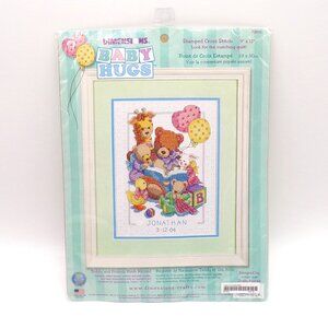VTG 2003 Dimensions Baby Hugs Teddy and Friends Birth Record Cross Stitch 9 X 12
